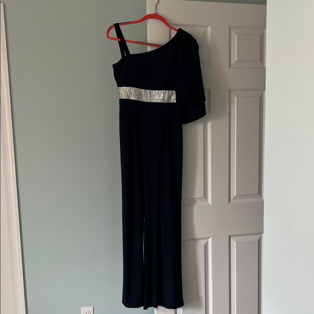 Roz & Ali One Shoulder Jumpsuit - Navy and Silver